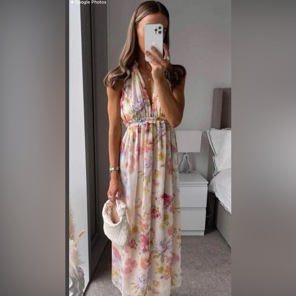 Zara Creampink long floral dress. Small 3204/168 EUC OUNK BEIGE - Picture 6 of 13